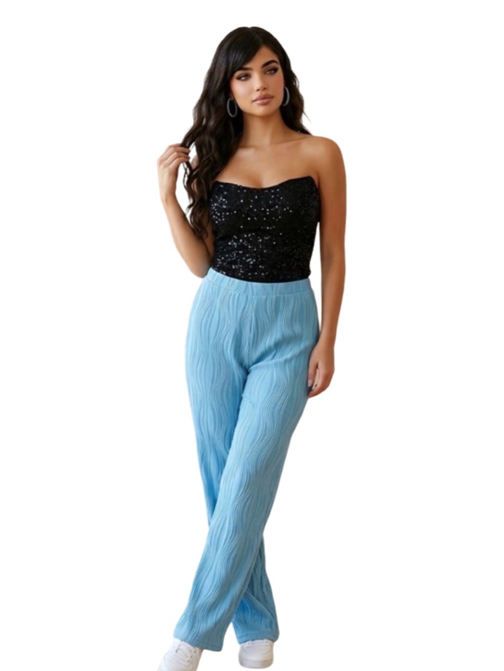 🛍️ PRETTYLITTLETHING Plus Blue Wave Plisse wide leg Palazzo pants NWT SIZE 18